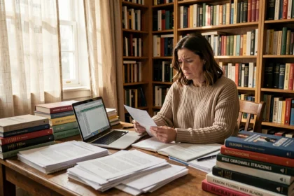Une écrivaine assise à son bureau encombré de livres et de documents financiers, l'air préoccupée par sa situation économique