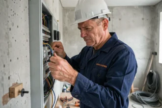 Électricien professionnel installant un tableau électrique dans un appartement en rénovation, illustrant les travaux couverts par l'assurance décennale