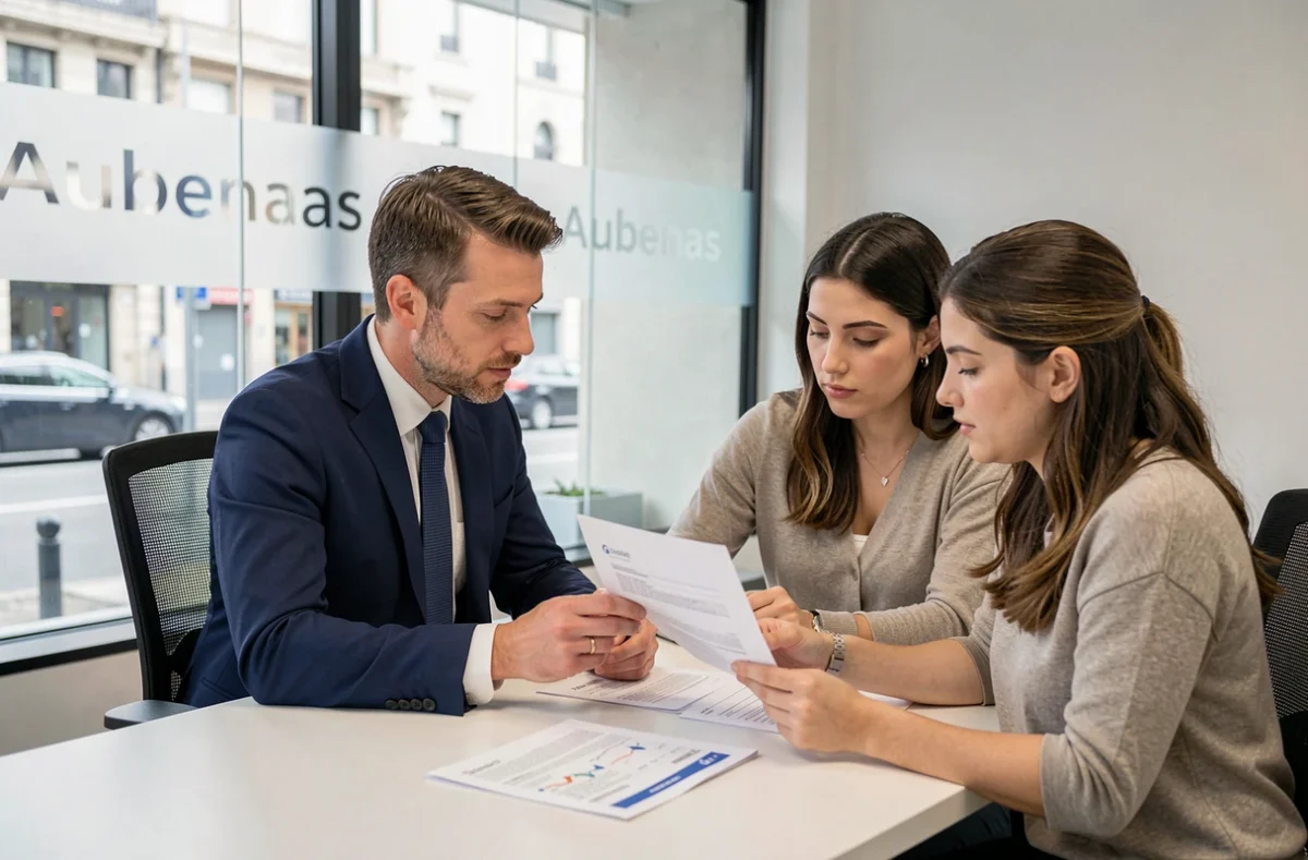 Conseiller du courtier Empruntis Aubenas présentant un dossier de prêt immobilier à un couple