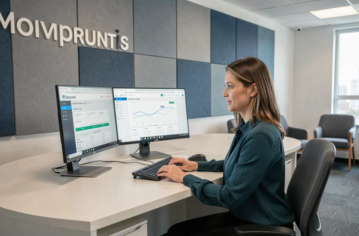 Une conseillère Empruntis utilise la plateforme en ligne de comparaison d'assurance de prêt immobilier dans un espace de travail professionnel moderne