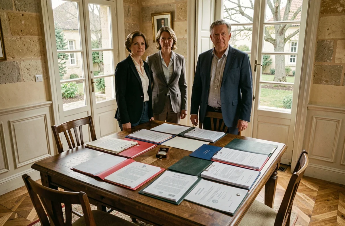 Deux adultes, frère et sœur, examinant des documents notariaux et un héritage familial dans une salle à manger française traditionnelle, illustrant la transmission du patrimoine d'André-Louis Auzière