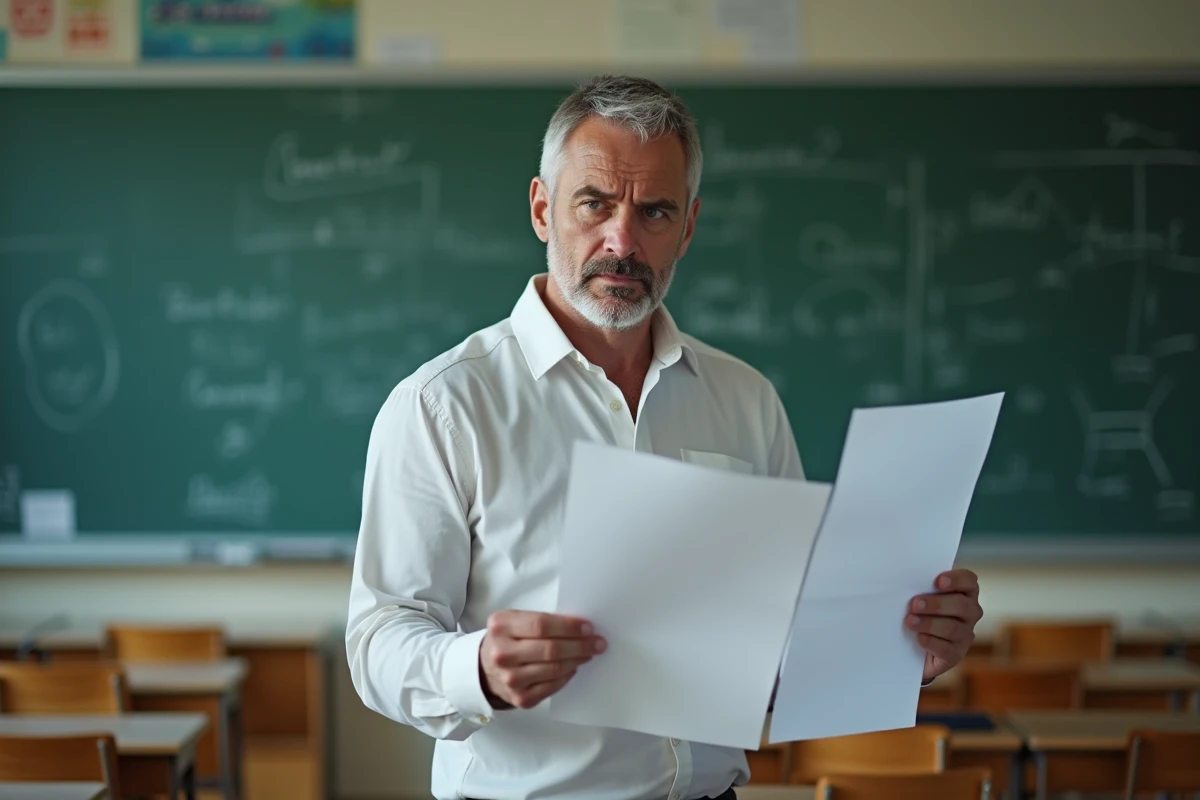 Enseignant comparant deux fiches de paie dans une salle de classe vide pour identifier une incohérence de rémunération