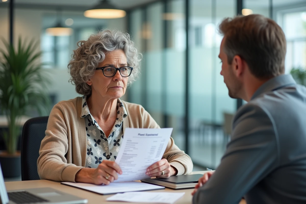 Enseignante signalant une erreur sur sa fiche de paie lors d'un entretien avec un responsable des ressources humaines