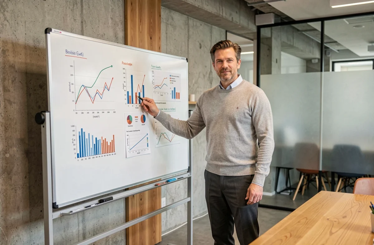 Entrepreneur présentant des projections de croissance financière dans une salle de réunion moderne