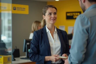 Femme envoyant de l'argent en espèces au guichet Western Union dans un bureau de poste