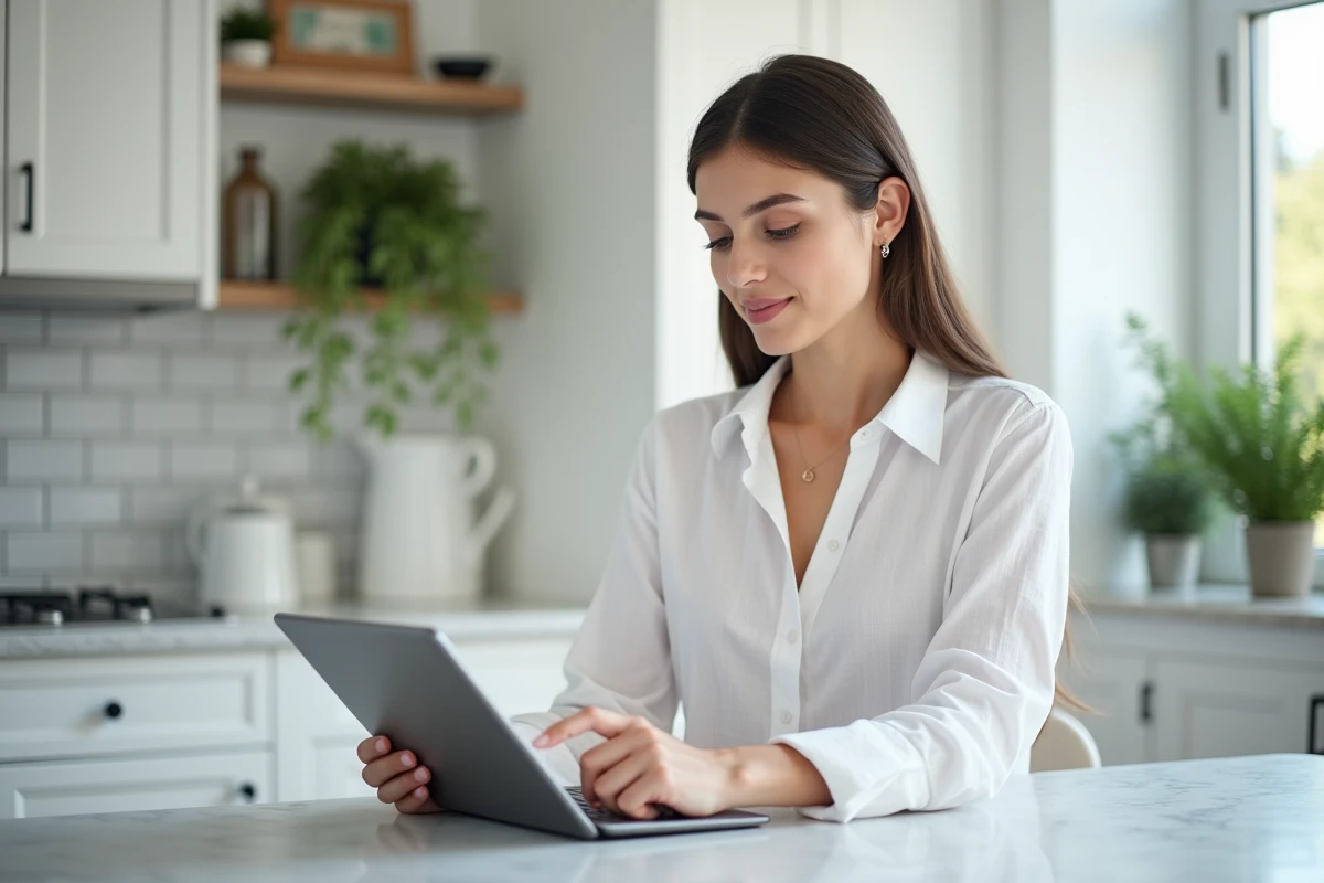 Jeune femme se connectant à son espace particulier Société Générale sur une tablette dans une cuisine moderne