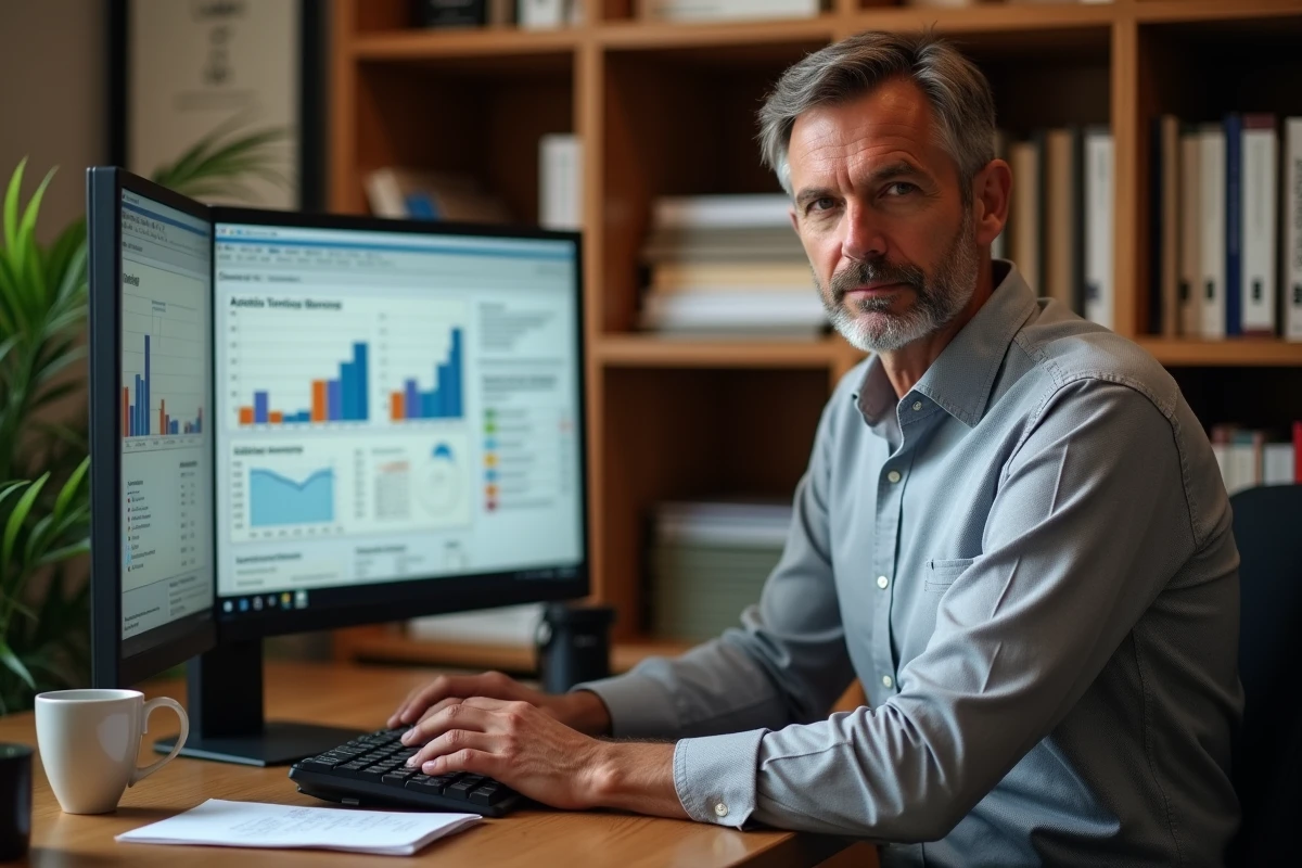 Expert-comptable masculin utilisant un logiciel fiscal pour calculer le solde d'IS sur ordinateur