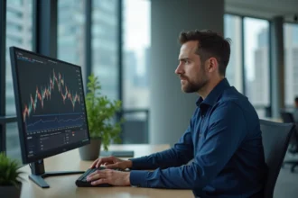 Expert financier analysant des graphiques d'investissement sur ordinateur dans un bureau moderne