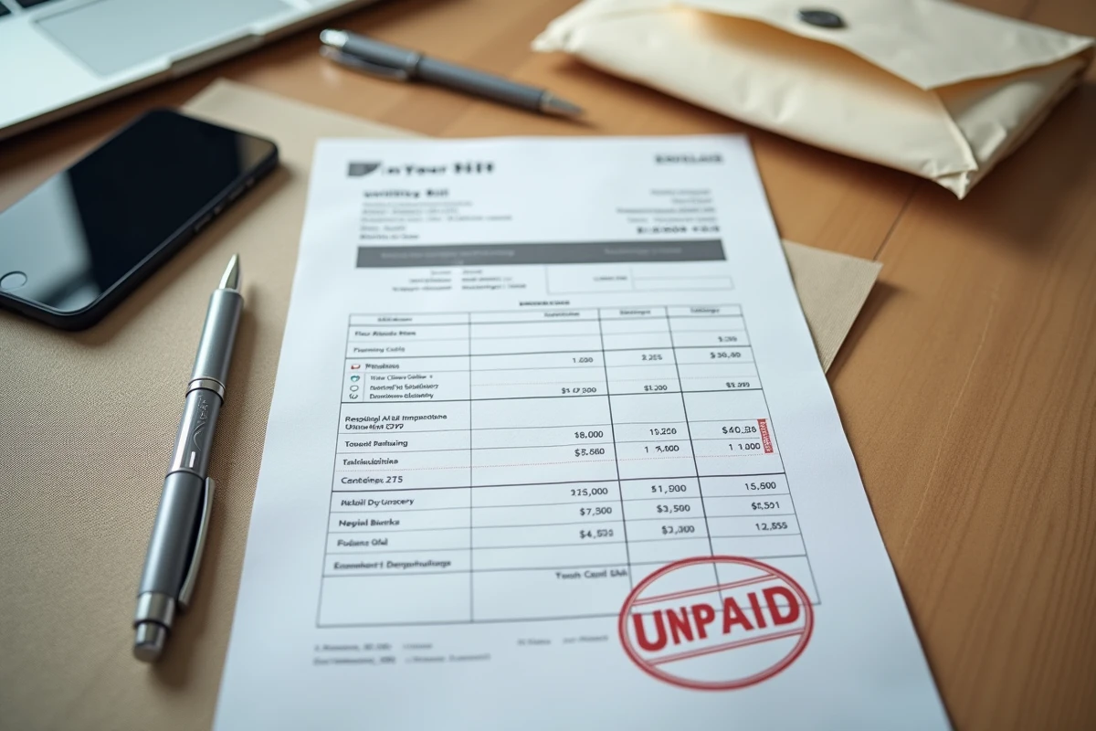 Vue aérienne d'une facture impayée avec enveloppe ouverte et application bancaire mobile sur un bureau en bois