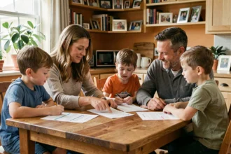 Famille réunie autour d'une table pour examiner leurs contrats d'assurance logement et santé