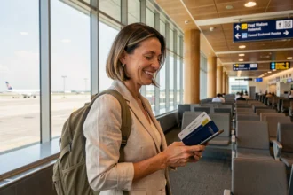 Femme sereine à l'aéroport tenant son passeport, prête à partir en voyage couvert par une assurance maladie