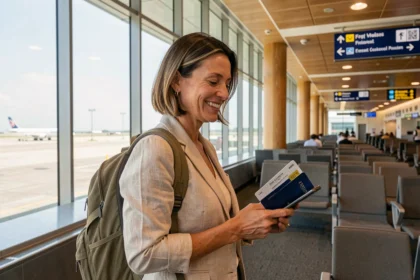 Femme sereine à l'aéroport tenant son passeport, prête à partir en voyage couvert par une assurance maladie