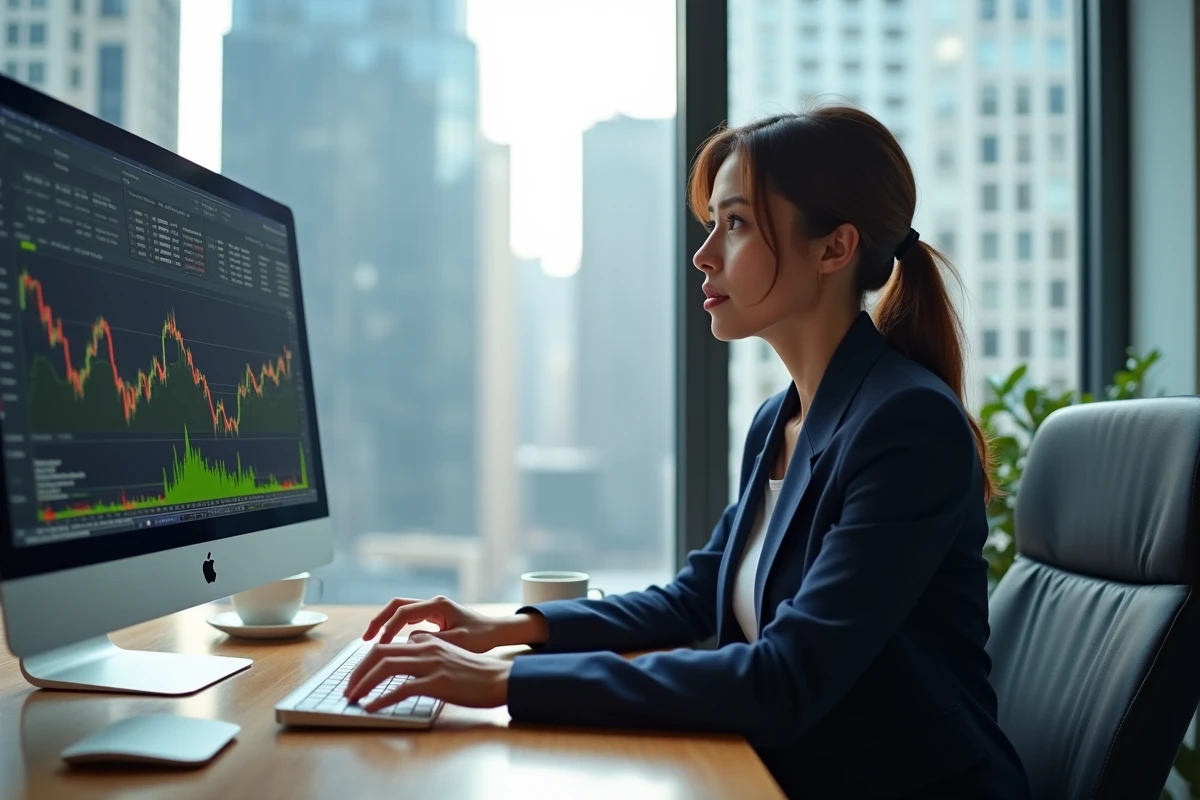 Femme d'affaires en costume regardant l'écran de trading