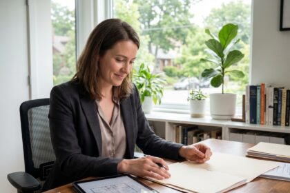 Femme d'affaires dans un bureau moderne en train de consulter des documents immobiliers