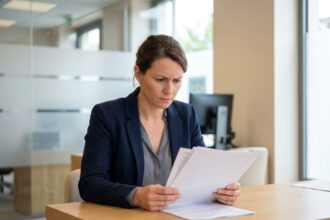 Femme consultant des documents bancaires au guichet d'une agence pour activer son droit au compte