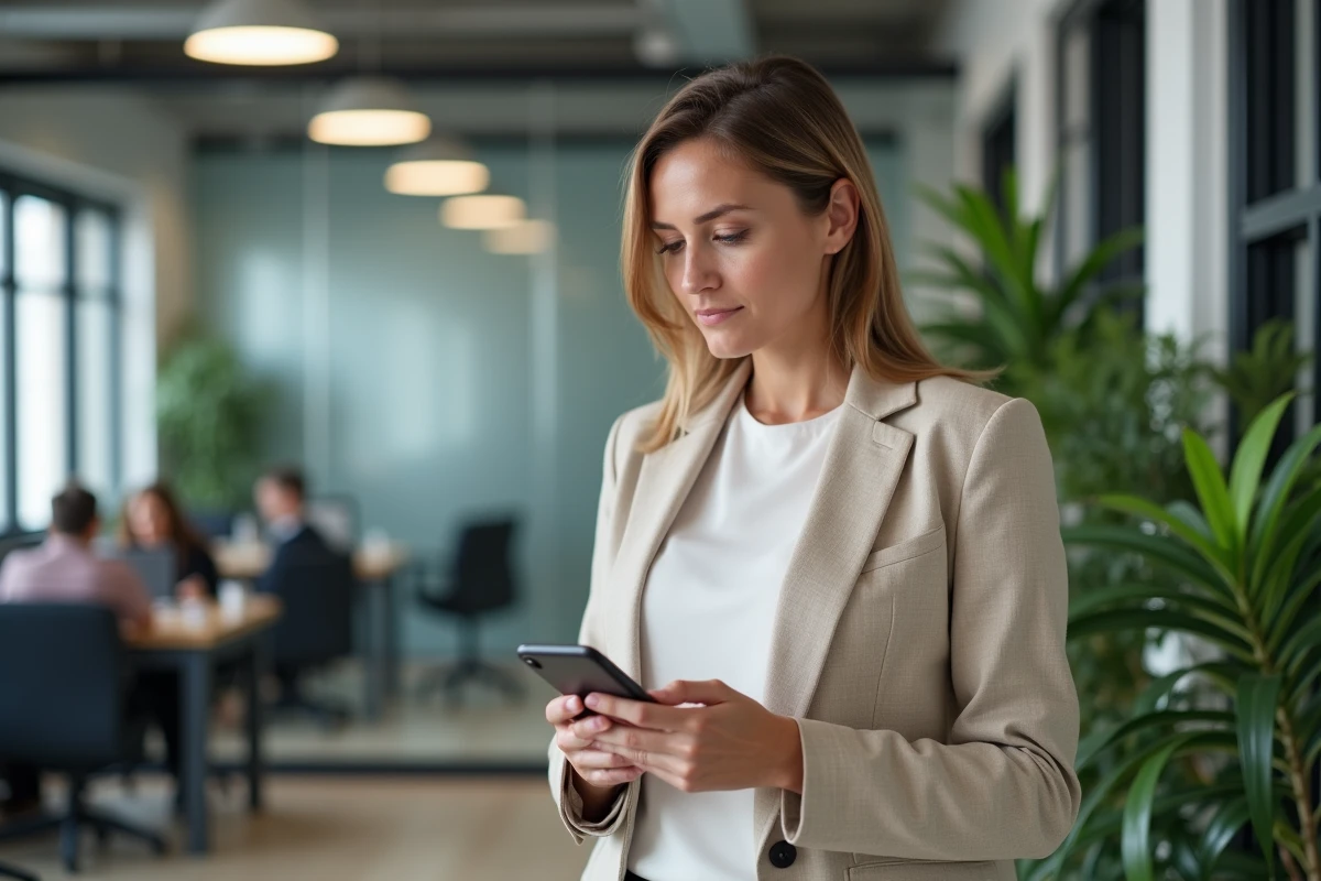 Femme consultant l'application Pôle emploi sur smartphone pour vérifier sa date de paiement