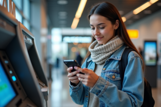 Jeune femme utilisant un smartphone à un ATM moderne