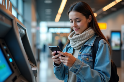 Jeune femme utilisant un smartphone à un ATM moderne