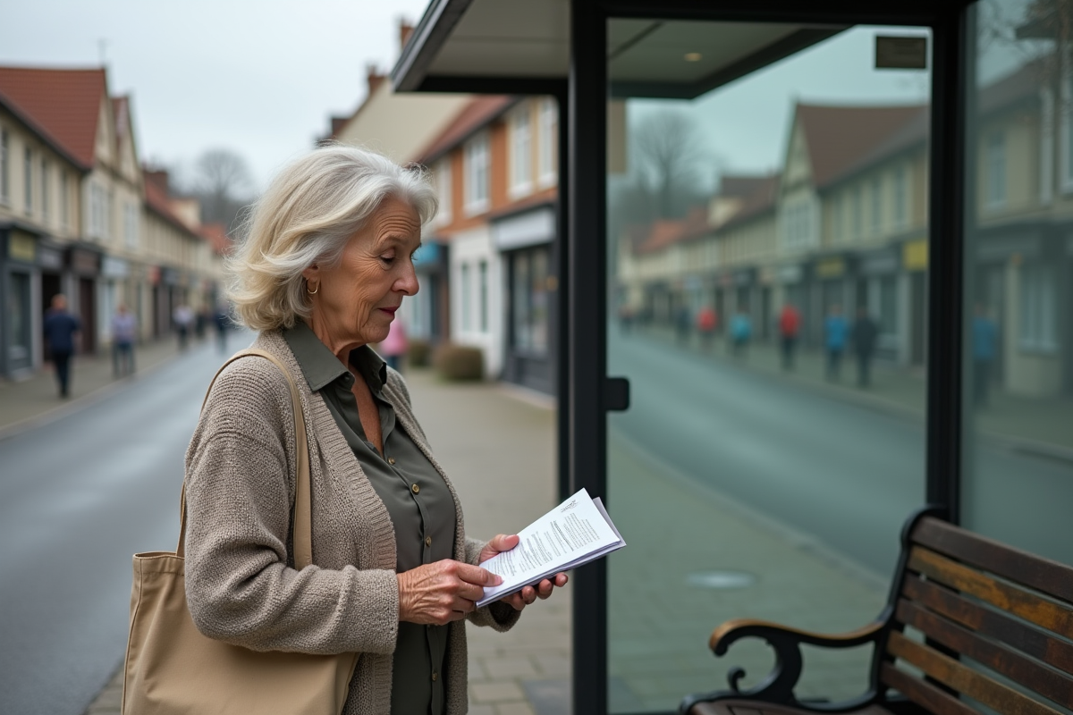 Femme âgée attendant le bus dans une rue urbaine