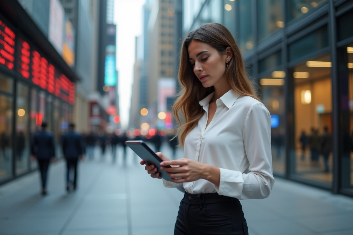 Femme professionnelle regardant sa tablette en milieu urbain