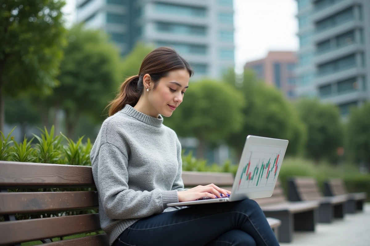Jeune femme avec ordinateur portable dans un parc urbain