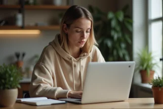 Jeune femme consultant un blog de finances personnelles sur son ordinateur portable depuis son appartement