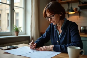 Femme consultant ses relevés bancaires et son budget à la maison pour évaluer l'impact du taux du livret A sur son pouvoir d'achat