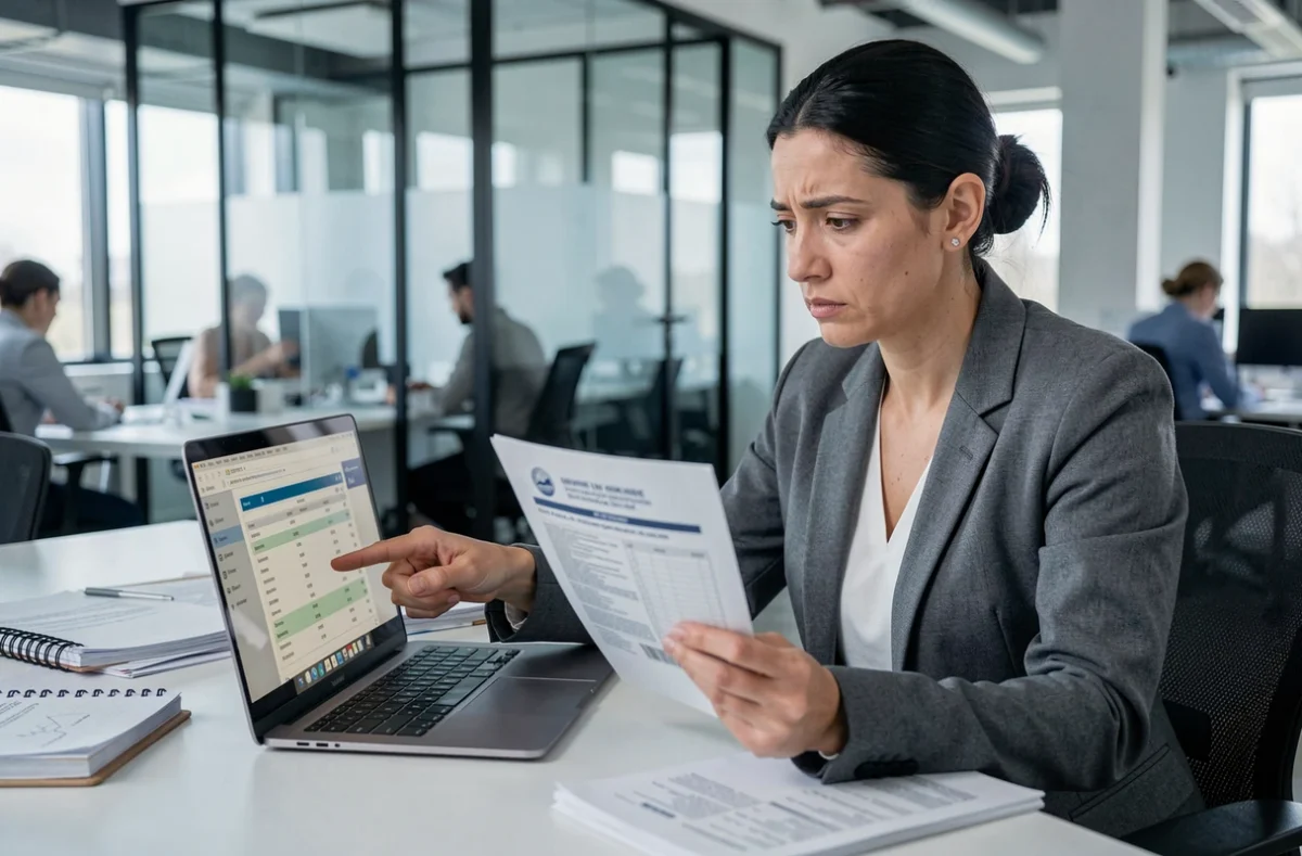 Une femme en blazer gris dans un bureau moderne consulte un avis d'imposition sur son ordinateur portable et pointe des données liées aux primes imposables et à la CSG-CRDS