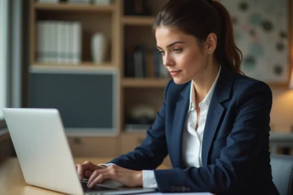 Femme professionnelle en bureau moderne utilisant un ordinateur