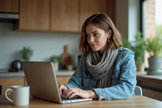 Femme en denim et foulard travaillant sur son ordinateur à la maison