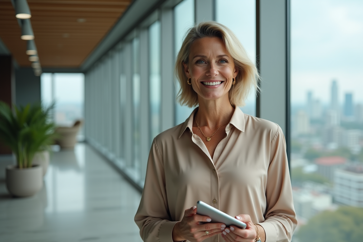 Femme souriante tenant une tablette dans un bureau avec vue urbaine
