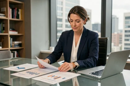 Femme cadre analysant des documents financiers pour comparer des SCPI avant d'investir son épargne
