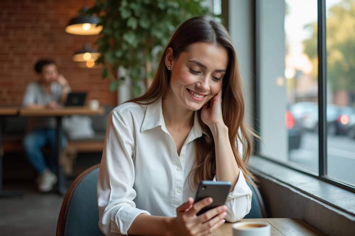 Jeune femme au café naviguant sur son smartphone
