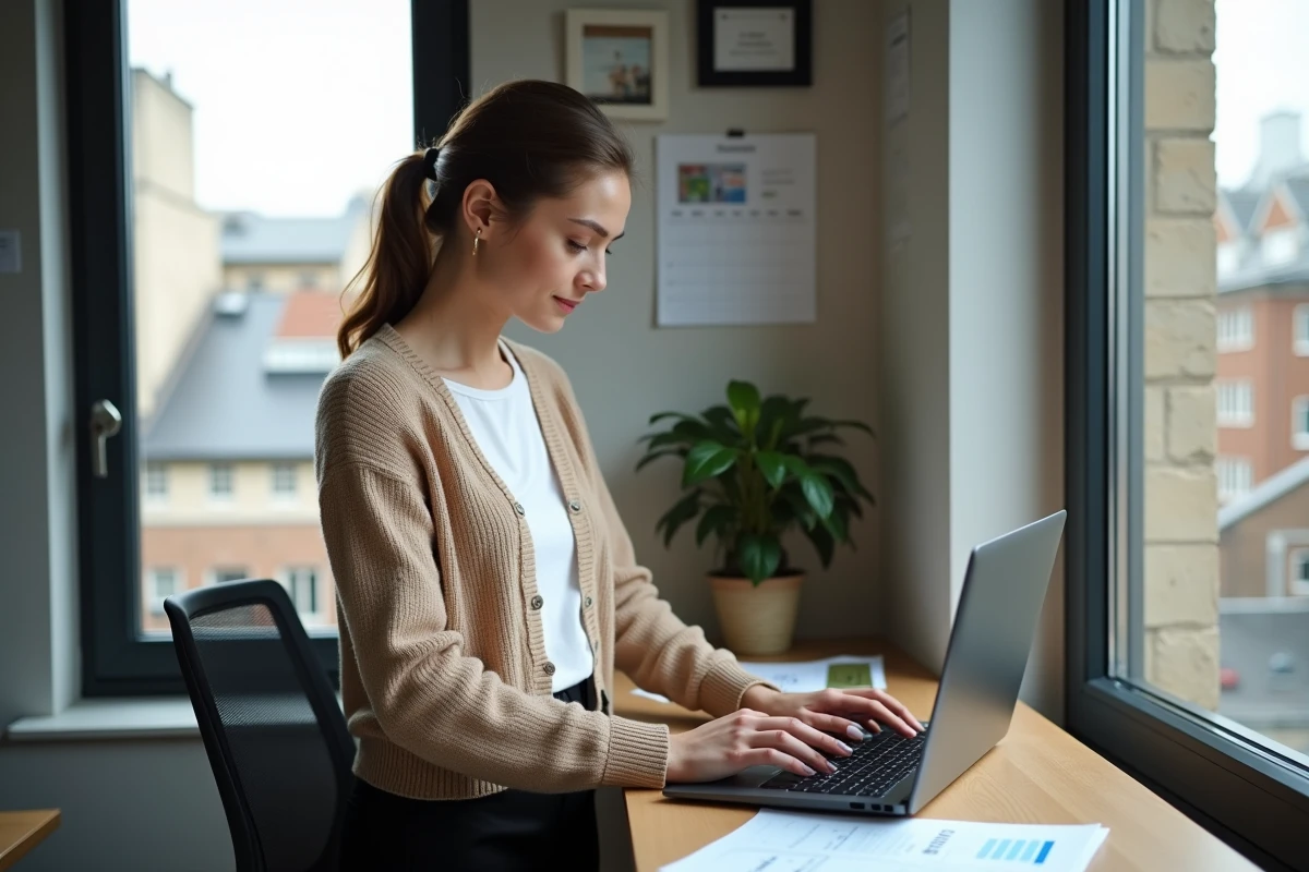 Femme utilisant un ordinateur pour calculer son salaire net