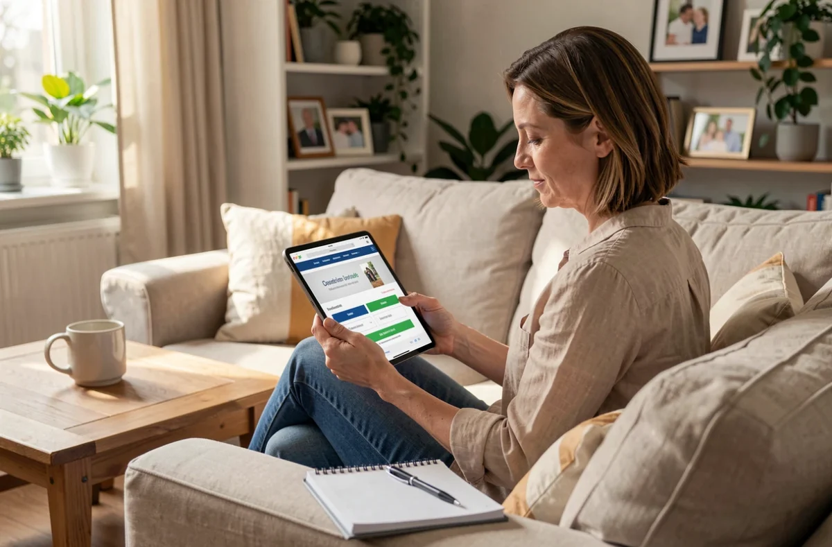 Femme consultant un comparateur d'assurances familiales sur tablette dans son salon