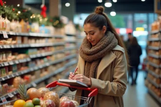 Femme écrivant notes de shopping de Noël en supermarché