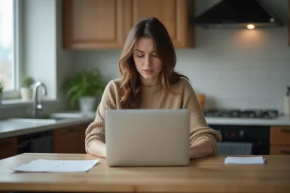 Femme assise à la cuisine regarde son ordinateur avec frustration
