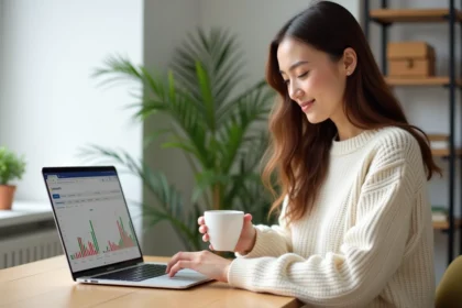 Femme débutante en bourse consultant un portefeuille ETF sur son ordinateur portable à domicile