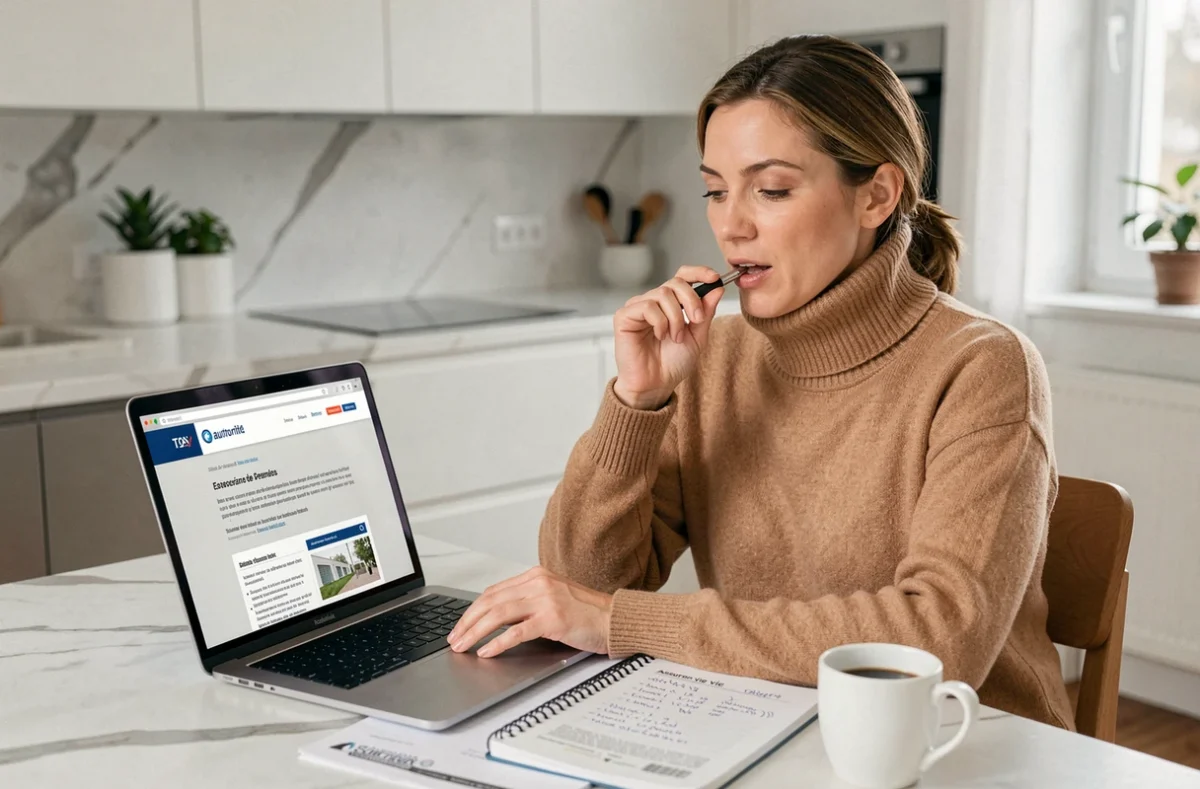 Femme consultant le site des impôts pour déclarer ses SCPI en assurance vie depuis chez elle