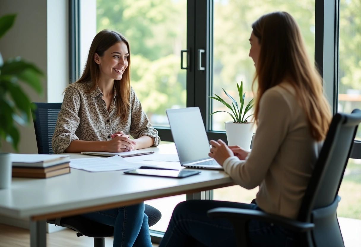 Jeune femme artisan discutant assurance santé avec conseiller