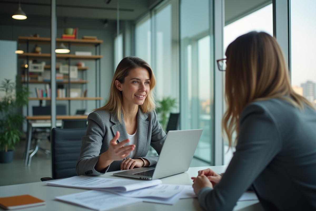 Femme en réunion avec collègue dans un bureau moderne