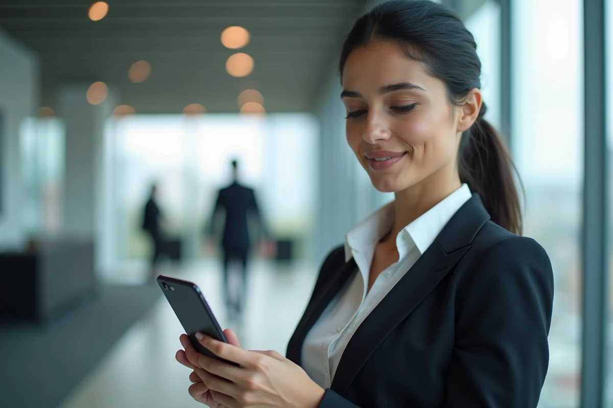 Femme professionnelle consultant ses documents bancaires dématérialisés sur smartphone dans un bureau moderne