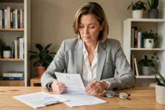 Femme consultant des documents de mutuelle et complémentaire santé à son bureau à domicile