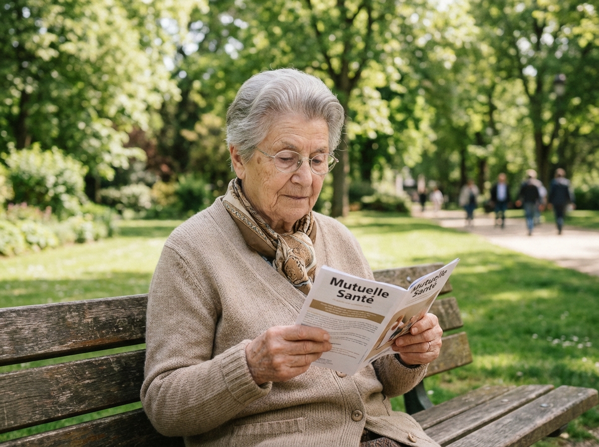 Femme âgée lisant un dépliant santé dans un parc