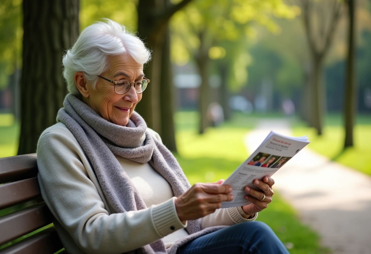 Femme âgée lisant un dépliant santé dans un parc