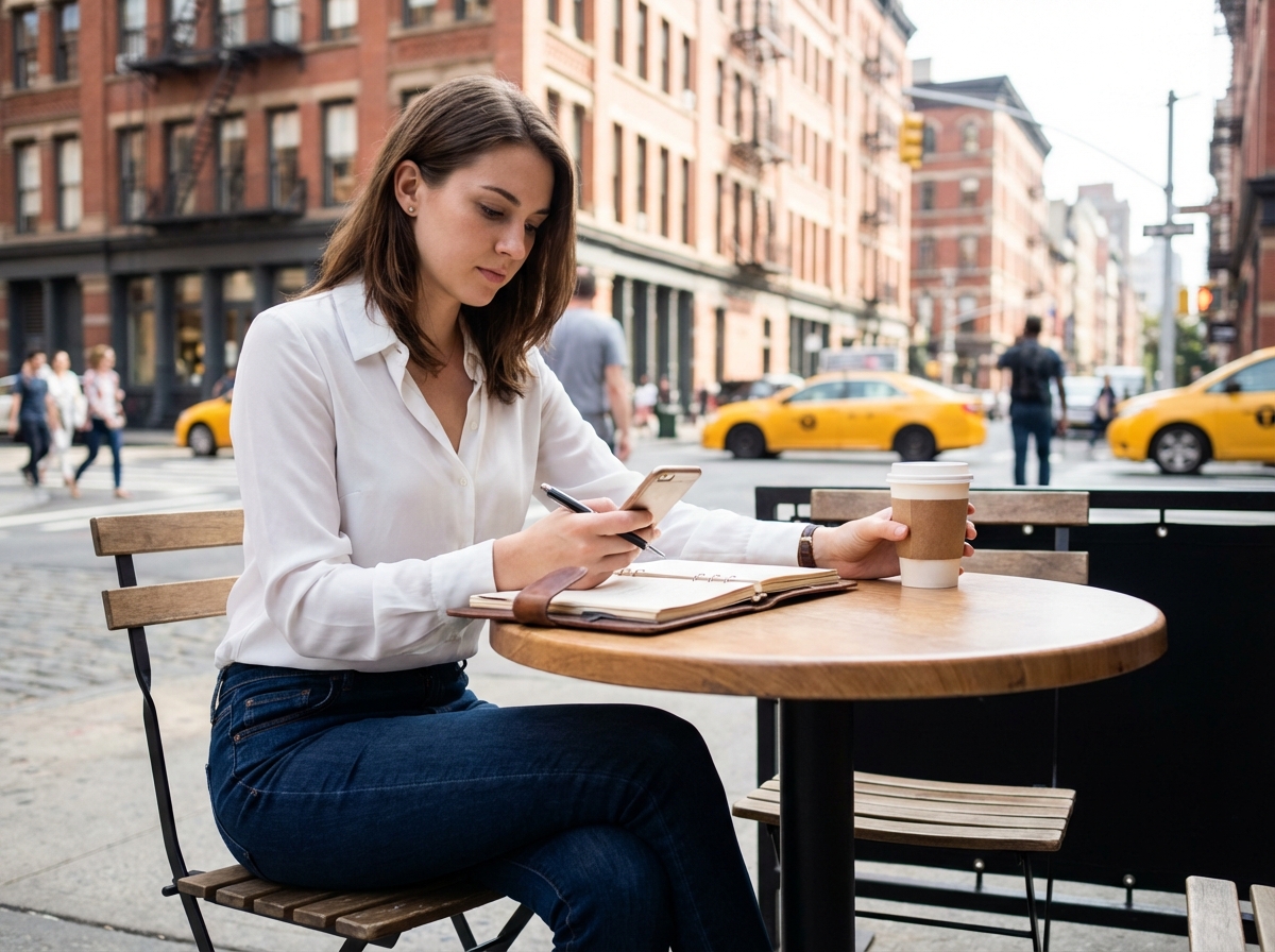 Femme entrepreneur prenant des notes au café