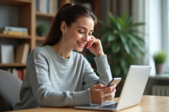 Femme utilisant l'espace client CIC sur mobile depuis son bureau à domicile