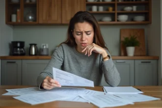 Femme stressée examinant des factures impayées sur une table de cuisine