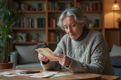 Femme française examine des billets anciens et un smartphone
