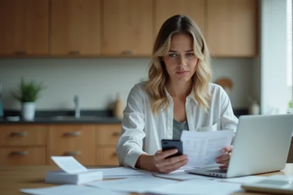 Femme d affaires dans la cuisine examine des documents